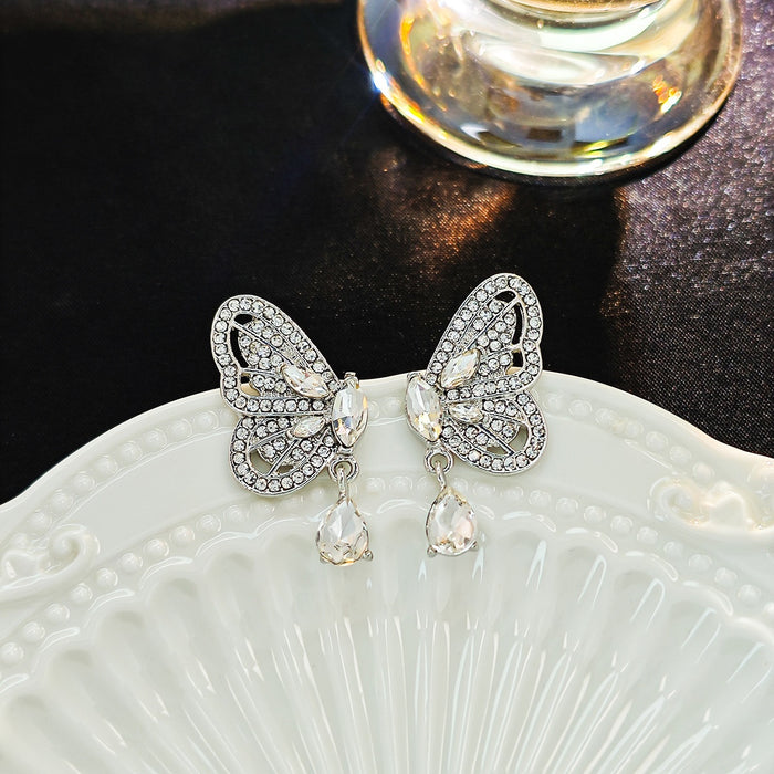 Elegant Butterfly Rhinestone Zircon Waterdrop Dangle Studs Silver Needle Luxury Korean Style Earrings