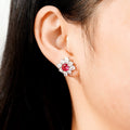 Light Luxury Pear Shaped Pigeon Blood Red Zircon Stud Earrings Floral Halo Earrings For Women view 3