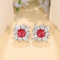 Light Luxury Pear Shaped Pigeon Blood Red Zircon Stud Earrings Floral Halo Earrings For Women view 1