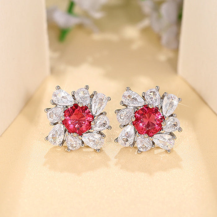Light Luxury Pear Shaped Pigeon Blood Red Zircon Stud Earrings Floral Halo Earrings For Women