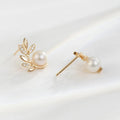French Mirror Finish Stud Earrings, Branch Leaf Faux Pearl Korean Fashion Earrings For Women view 3