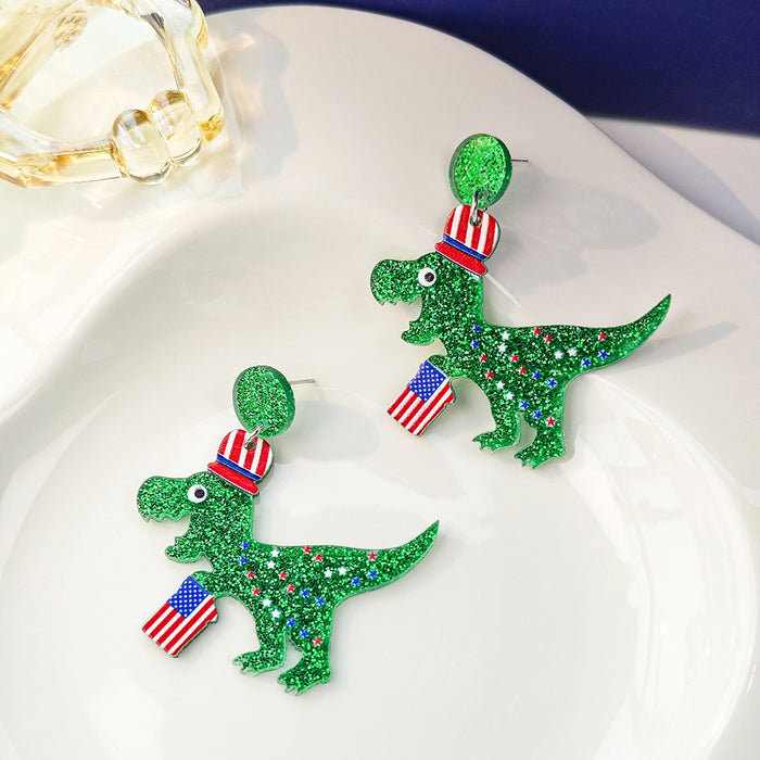 Independence Day Green Glitter Acrylic Dinosaur Hat Flag Creative Stud Dangle Earrings