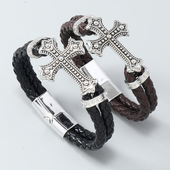 Simple Alloy Cross Bracelet For Men European American Leather Braided Magnetic Clasp Jewelry