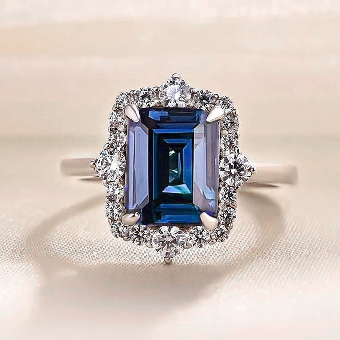 Luxury Blue Simulated Jade Cut Ring With Zircon Border, European American Jewelry For Men Women
