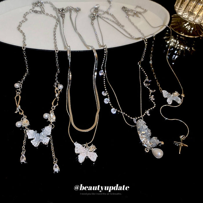 French Style Faux Blue Crystal Butterfly Star Collarbone Necklace For Women Sweet Korean Jewelry