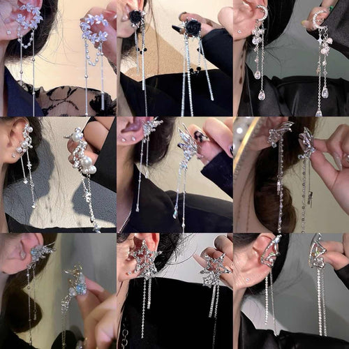 Sparkling Zircon Star Moon Tassel Clip-on Earrings Sweet Cool No Piercing Ear Cuff Style