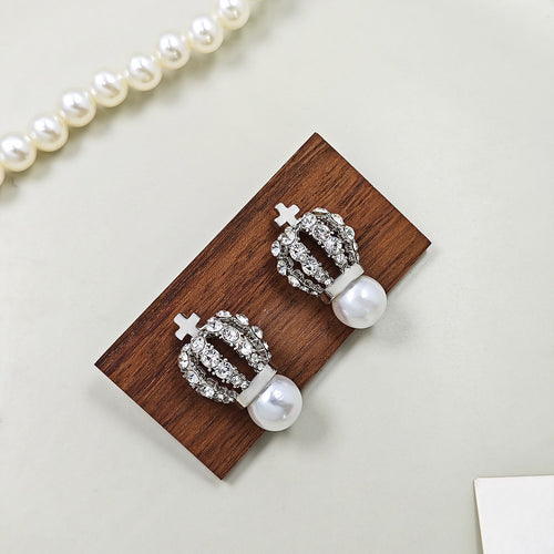 Luxury Rhinestone Crown Pearl Stud Earrings For Women Elegant Korean Style Alloy Silver Needle Earrings
