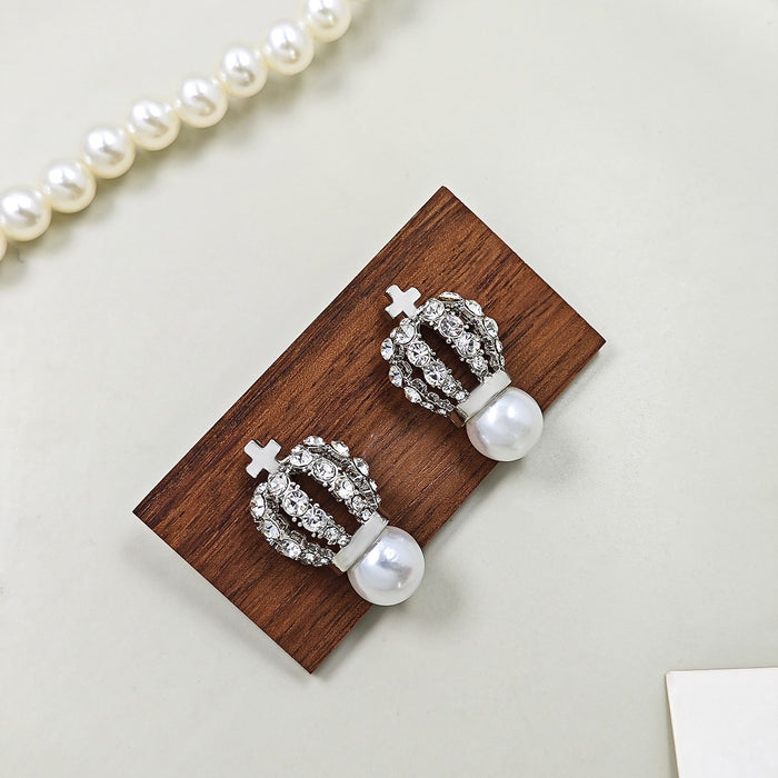 Luxury Rhinestone Crown Pearl Stud Earrings For Women Elegant Korean Style Alloy Silver Needle Earrings