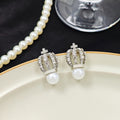 Luxury Rhinestone Crown Pearl Stud Earrings For Women Elegant Korean Style Alloy Silver Needle Earrings view 2