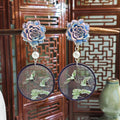 Vintage Chinese Style Crane Round Drop Earrings With Enamel Flower Pearl Hanfu Ethnic Dangle Earrings view 4