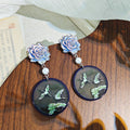Vintage Chinese Style Crane Round Drop Earrings With Enamel Flower Pearl Hanfu Ethnic Dangle Earrings view 3