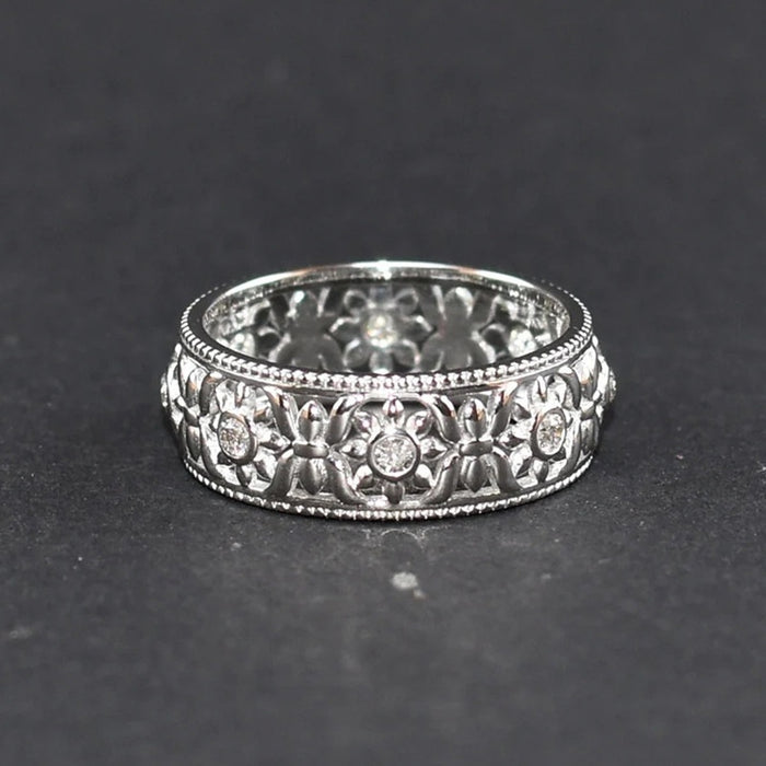 Classic Vintage Auspicious Flower Engraved Wide Miao Ring Yunnan Ethnic Unisex Jewelry