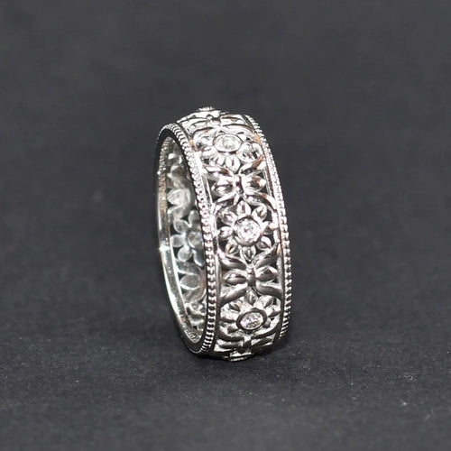 Classic Vintage Auspicious Flower Engraved Wide Miao Ring Yunnan Ethnic Unisex Jewelry
