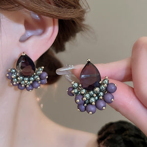 Purple Teardrop Zircon Stud Earrings With Silver Posts, Sparkling Petite Luxury Style