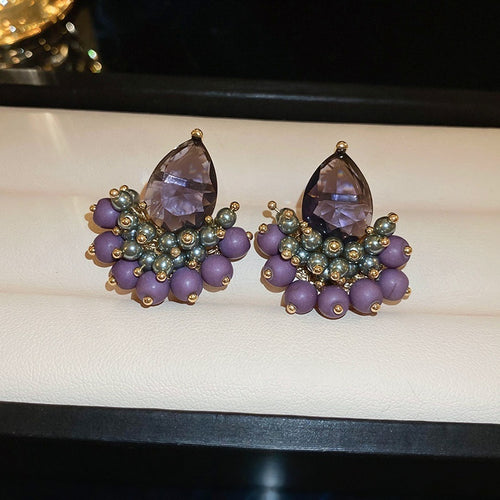 Purple Teardrop Zircon Stud Earrings With Silver Posts, Sparkling Petite Luxury Style