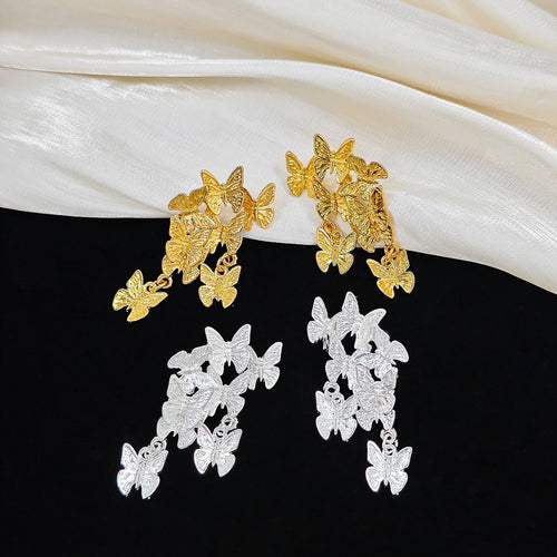 Elegant Luxury Alloy Butterfly Cluster Tassel Drop Stud Earrings For Women Fashion Statement Earrings