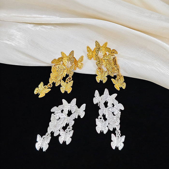 Elegant Luxury Alloy Butterfly Cluster Tassel Drop Stud Earrings For Women Fashion Statement Earrings
