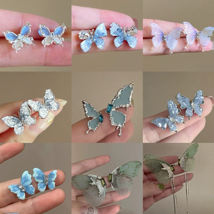 Silver Needle Gradient Faux Crystal Butterfly Flower Stud Earrings For Women Sweet Style