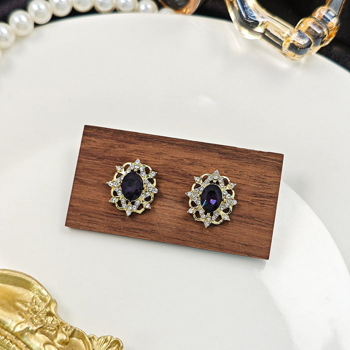 Vintage French Palace Oval Studs With Purple Crystal Center And Rhinestone Inlaid Gold Alloy Earrings