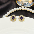 Vintage French Palace Oval Studs With Purple Crystal Center And Rhinestone Inlaid Gold Alloy Earrings view 2