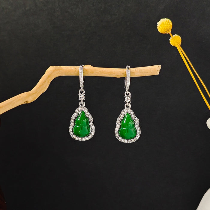 Vintage Ethnic Emerald Green Gourd Shape Alloy Hoop Drop With Rhinestone Inlay Hanfu Style Earrings
