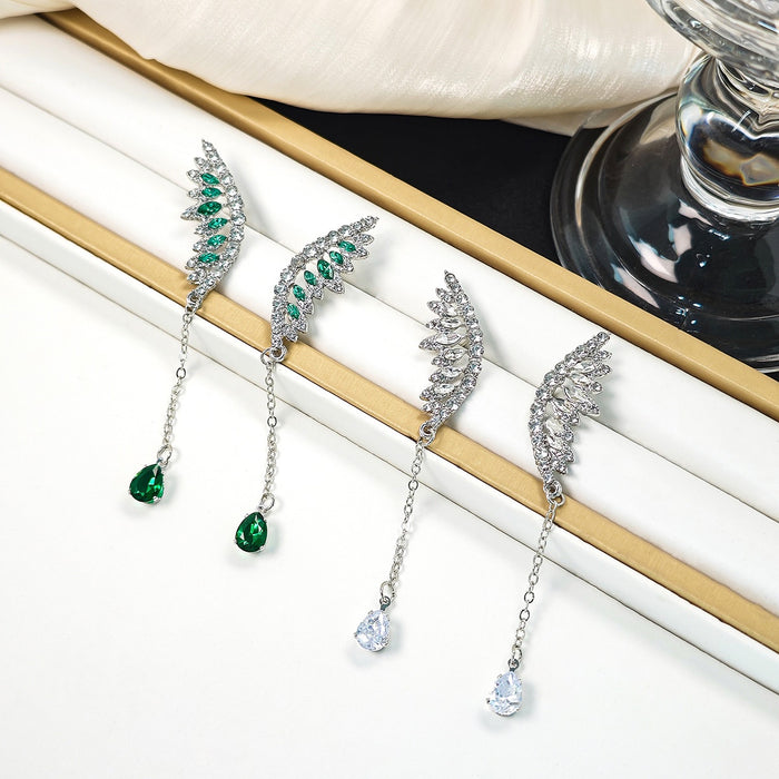 Elegant Creative Hollow Wing Alloy Silver Needle Rhinestone Zircon Tassel Teardrop Dangle Stud Earrings