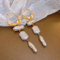 French Irregular Baroque Faux Pearl Tassel Hoop Earrings Geometric Oval Line Statement Jewelry view 2