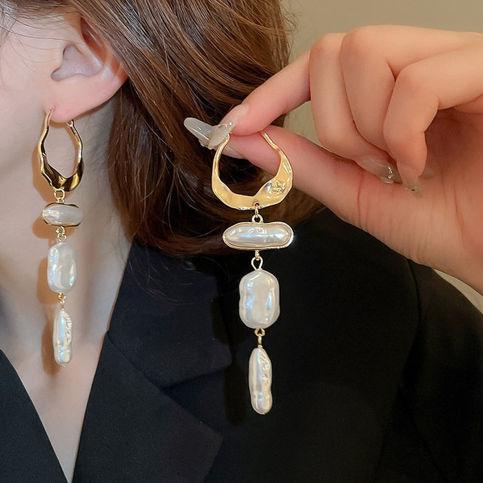 French Irregular Baroque Faux Pearl Tassel Hoop Earrings Geometric Oval Line Statement Jewelry