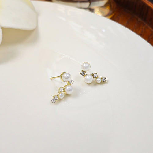 Elegant Korean French Pearl Rhinestone Geometric Stud Earrings Light Luxury Sterling Silver Needle Earrings