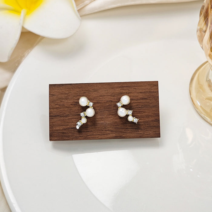 Elegant Korean French Pearl Rhinestone Geometric Stud Earrings Light Luxury Sterling Silver Needle Earrings