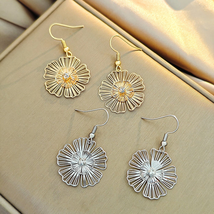 Elegant Hollow Out Flower Drop Hook Earrings With Rhinestone Center Alloy Wire Petal Dangle Earrings