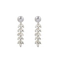 Elegant Pearl Stud Long Wheat Tassel Drop With Rhinestone Crystal Leaf Dangle Earrings view 5