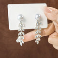 Elegant Pearl Stud Long Wheat Tassel Drop With Rhinestone Crystal Leaf Dangle Earrings view 4