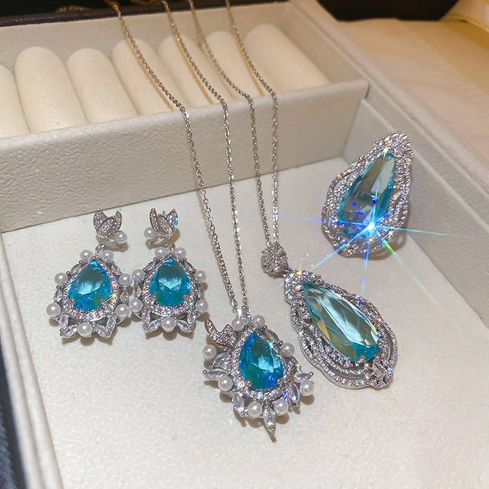 Palace Style Blue Zircon Teardrop Flower Pendant Pearl Collarbone Necklace