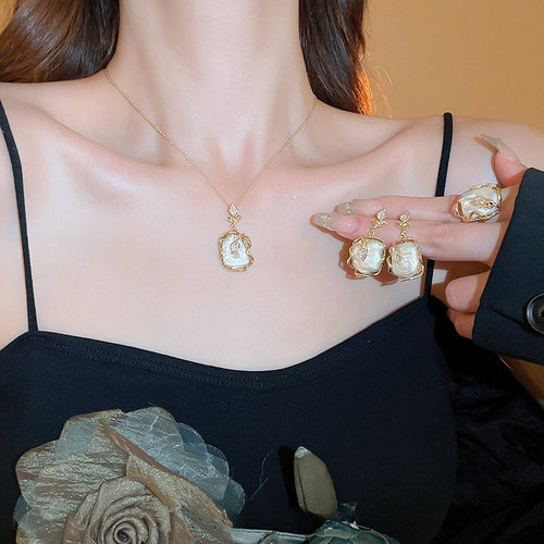 Gold Plated Baroque Pearl Flower Jewelry Set With Silver Pin Stud Earrings Ring Necklace