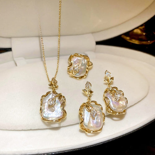 Gold Plated Baroque Pearl Flower Jewelry Set With Silver Pin Stud Earrings Ring Necklace