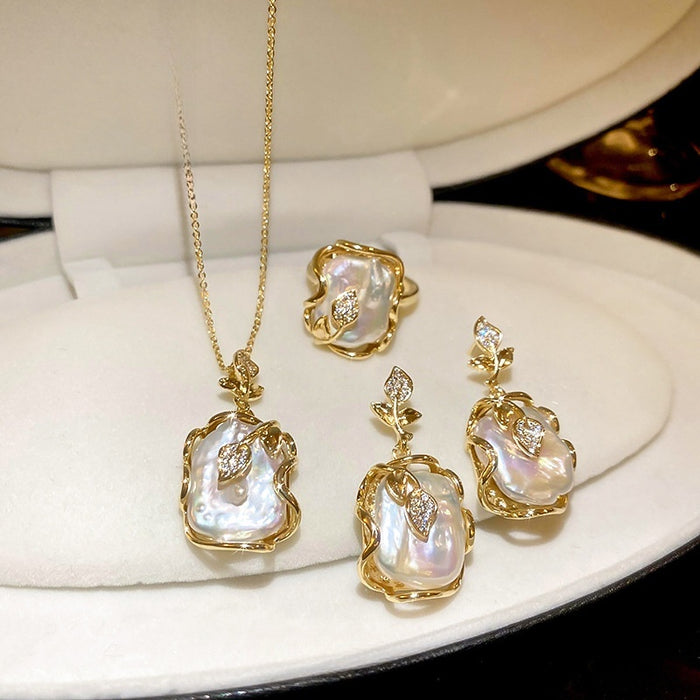 Gold Plated Baroque Pearl Flower Jewelry Set With Silver Pin Stud Earrings Ring Necklace