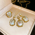 Gold Plated Baroque Pearl Flower Jewelry Set With Silver Pin Stud Earrings Ring Necklace view 3