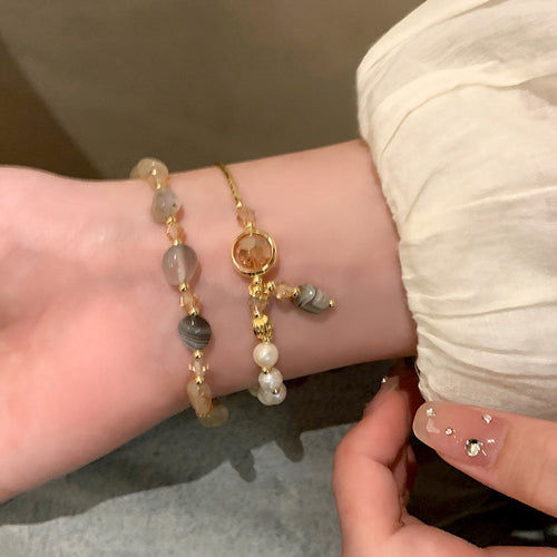 Korean Vintage Faux Pearl Crystal Beaded Bangle Minimalist Geometric Fashion Bracelet