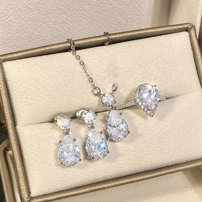 Clear Sparkling Water Drop Jewelry Set, Light Luxury Earrings And Necklace For Banquet