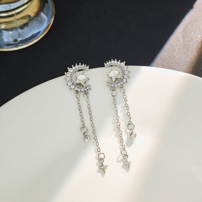 Luxury Rhinestone Crescent Moon Star Chain Tassel Drop Earrings For Women Elegant Korean Silver Needle Earrings