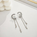 Luxury Rhinestone Crescent Moon Star Chain Tassel Drop Earrings For Women Elegant Korean Silver Needle Earrings view 2