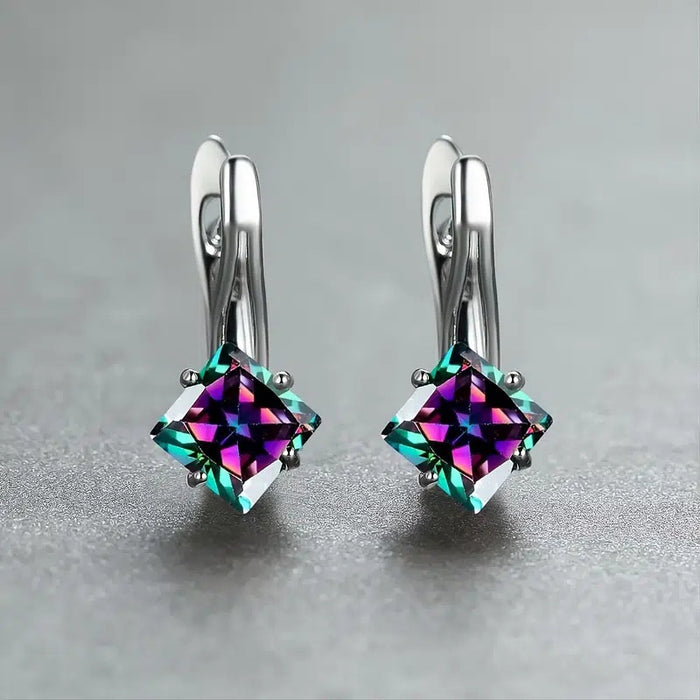 European American Rainbow Square Stone Drop Earrings Light Luxury Simple Rhombus Design Ear Jewelry