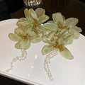 Green Fabric Flower Drop Earrings With Artificial Crystal Silver Needle Princess Fairy Style view 4