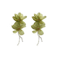Green Fabric Flower Drop Earrings With Artificial Crystal Silver Needle Princess Fairy Style view 5