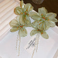 Green Fabric Flower Drop Earrings With Artificial Crystal Silver Needle Princess Fairy Style view 2