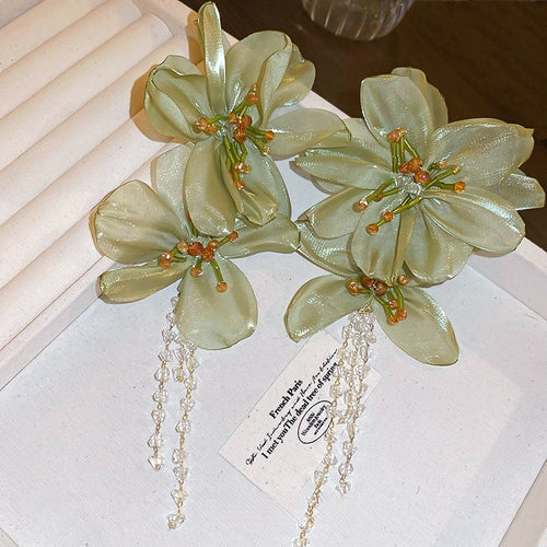 Green Fabric Flower Drop Earrings With Artificial Crystal Silver Needle Princess Fairy Style