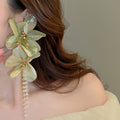 Green Fabric Flower Drop Earrings With Artificial Crystal Silver Needle Princess Fairy Style view 3