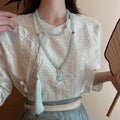 New Chinese Style Cyan Blue Liuli Glass Fu Charm Tassel Side Chain Necklace for Mamian Skirt view 2