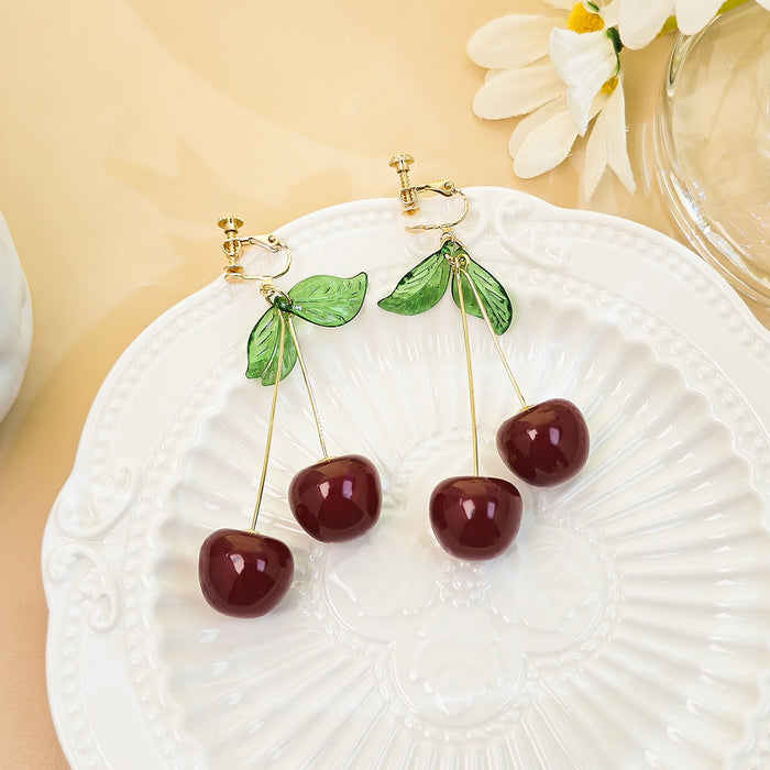 Elegant Sweet Cherry Fruit Clip-On Alloy With Green Enamel Leaves And Glossy Acrylic Cherries Earrings